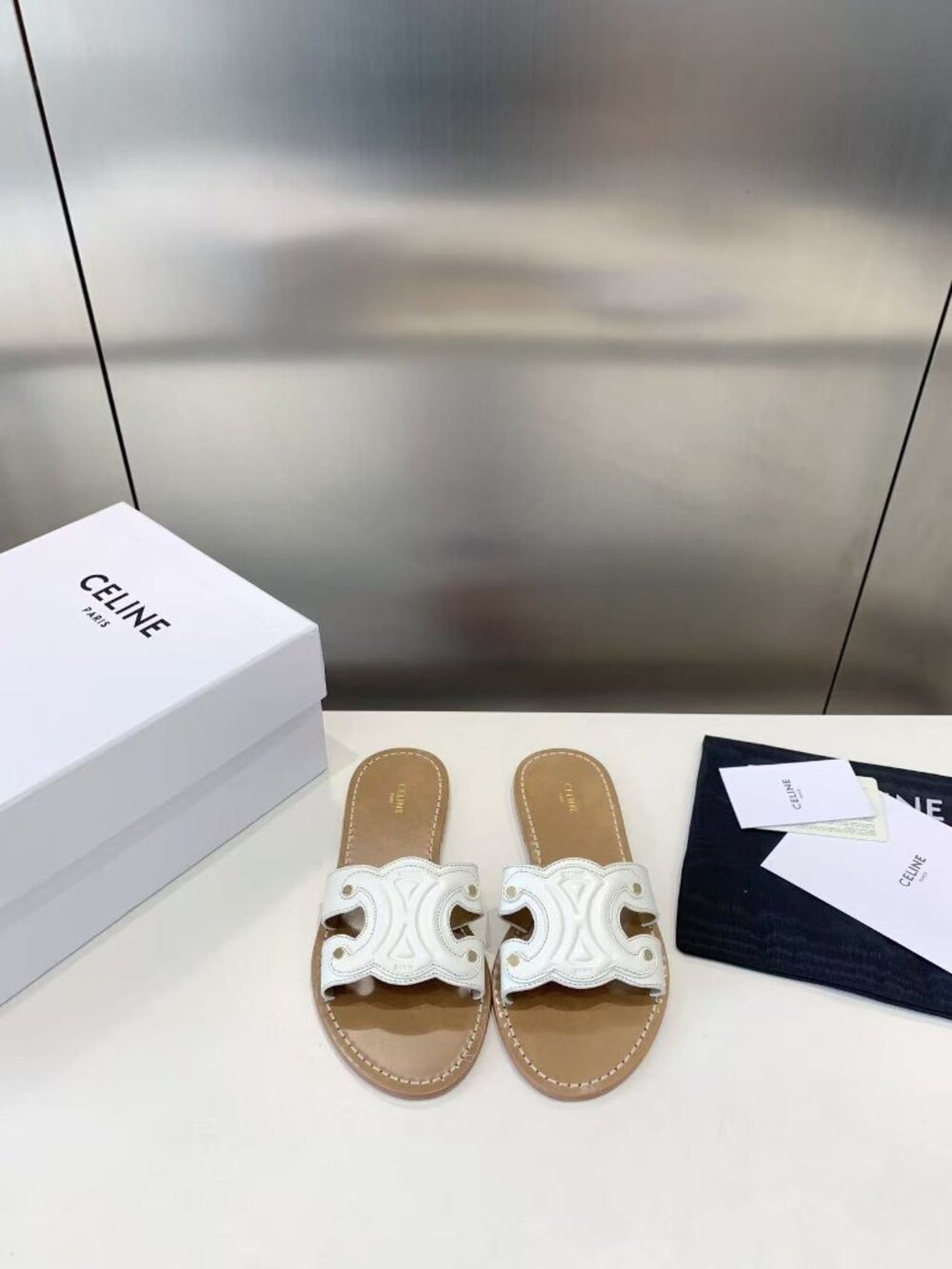 Celine Triomphe Embossed White Leather Flat Slide Sandals